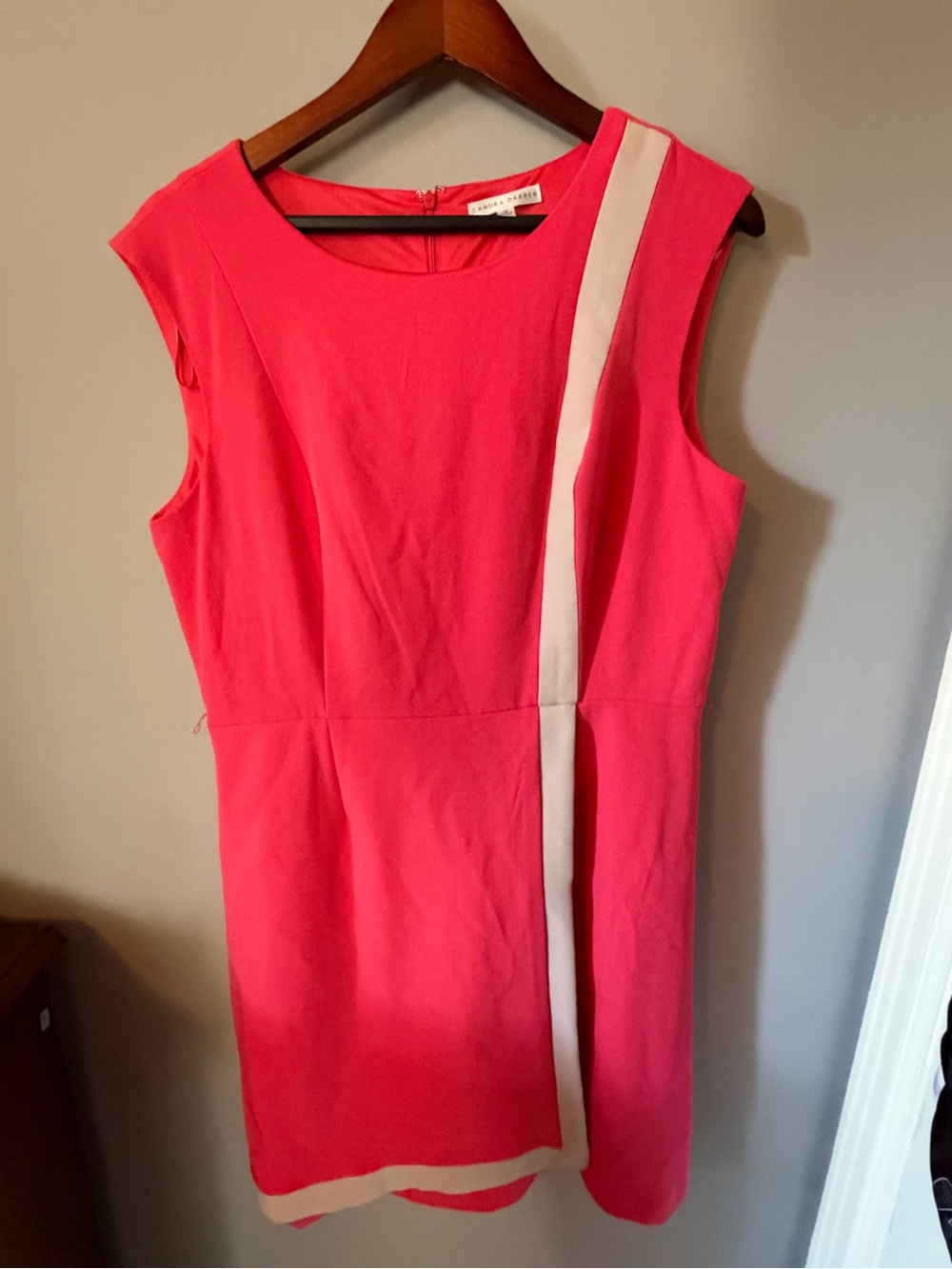 Sandra Darren Coral Pink Sheath Dress with Cream Contrast Trim